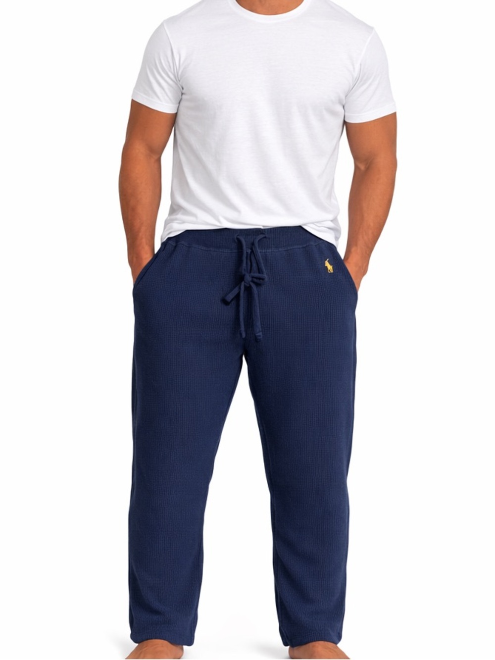 Polo Ralph Lauren Mens Navy Waffle Knit Sleep Pants Drawstring Logo Size M 32-34